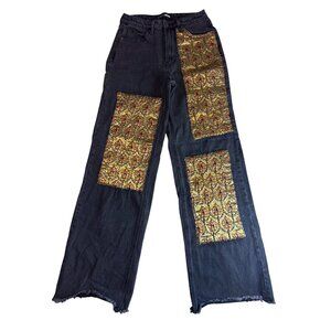 Vintage Boho Wide-Leg Patchwork Jeans Unique Floral Embroidery & Frayed Hem Sz 5